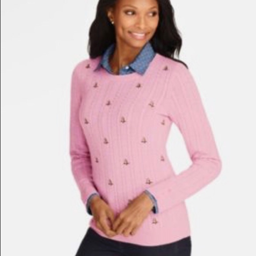 Talbots pink mini cable embroidered owl sweater L